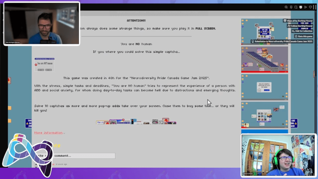 A picture of the closing ceremonies, where two neurodiversity pride hosts are talking about a game, and the screen shows the games description